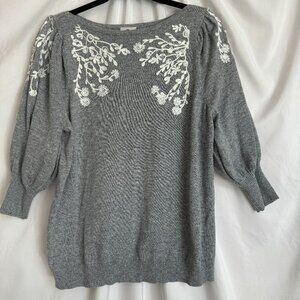 Rain & Rose Angora Blend Puff Sleeve Sweater Floral Embroidery L